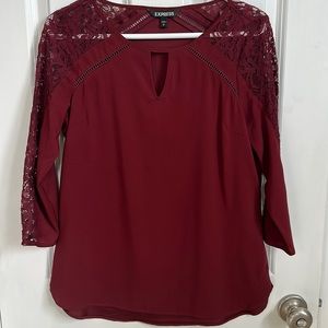 Express  Cranberry red silk blouse with floral lace detail, size small